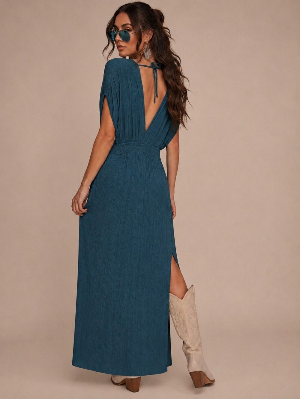 Women's Size Small Crepe Texture Maxi Dress Teal Rodeo Festival Teal blue